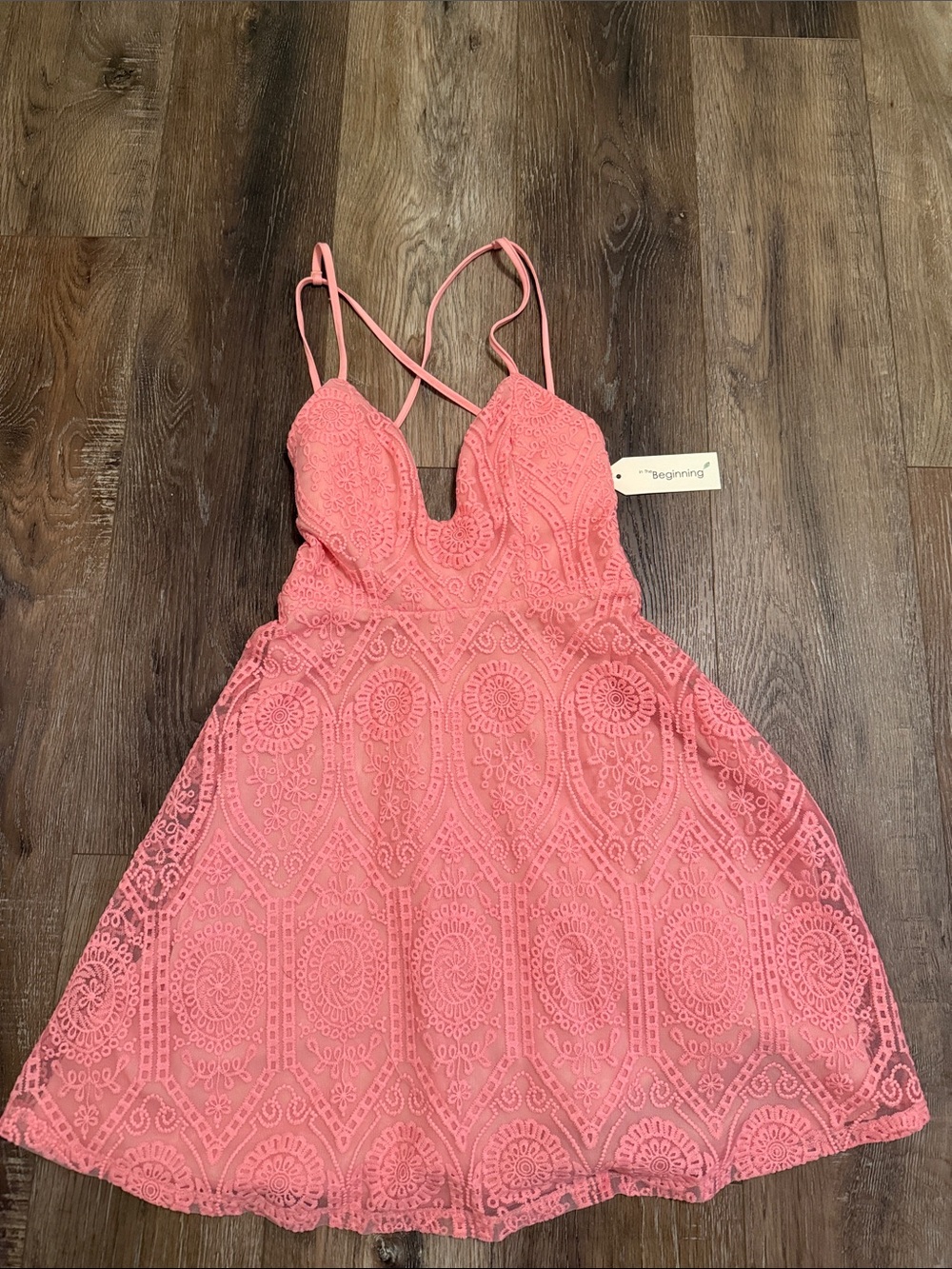 Womenโs Coral Lace Fit-and-Flare Dress with Crisscross Straps